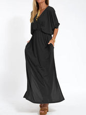 Deep V-Neck Batwing Pocket Maxi Dress