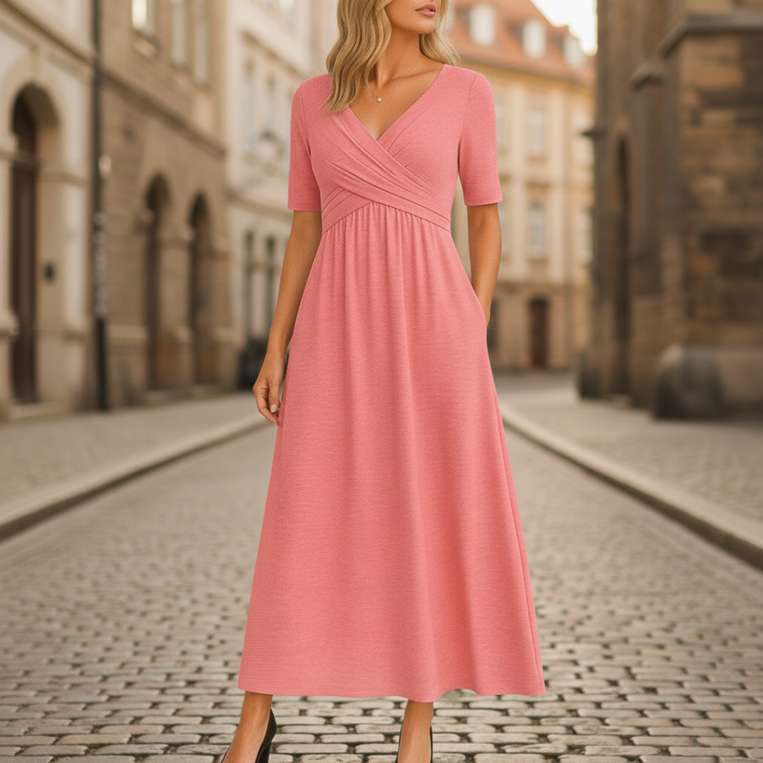 V-Neck Short Sleeve Wrap Midi Dress