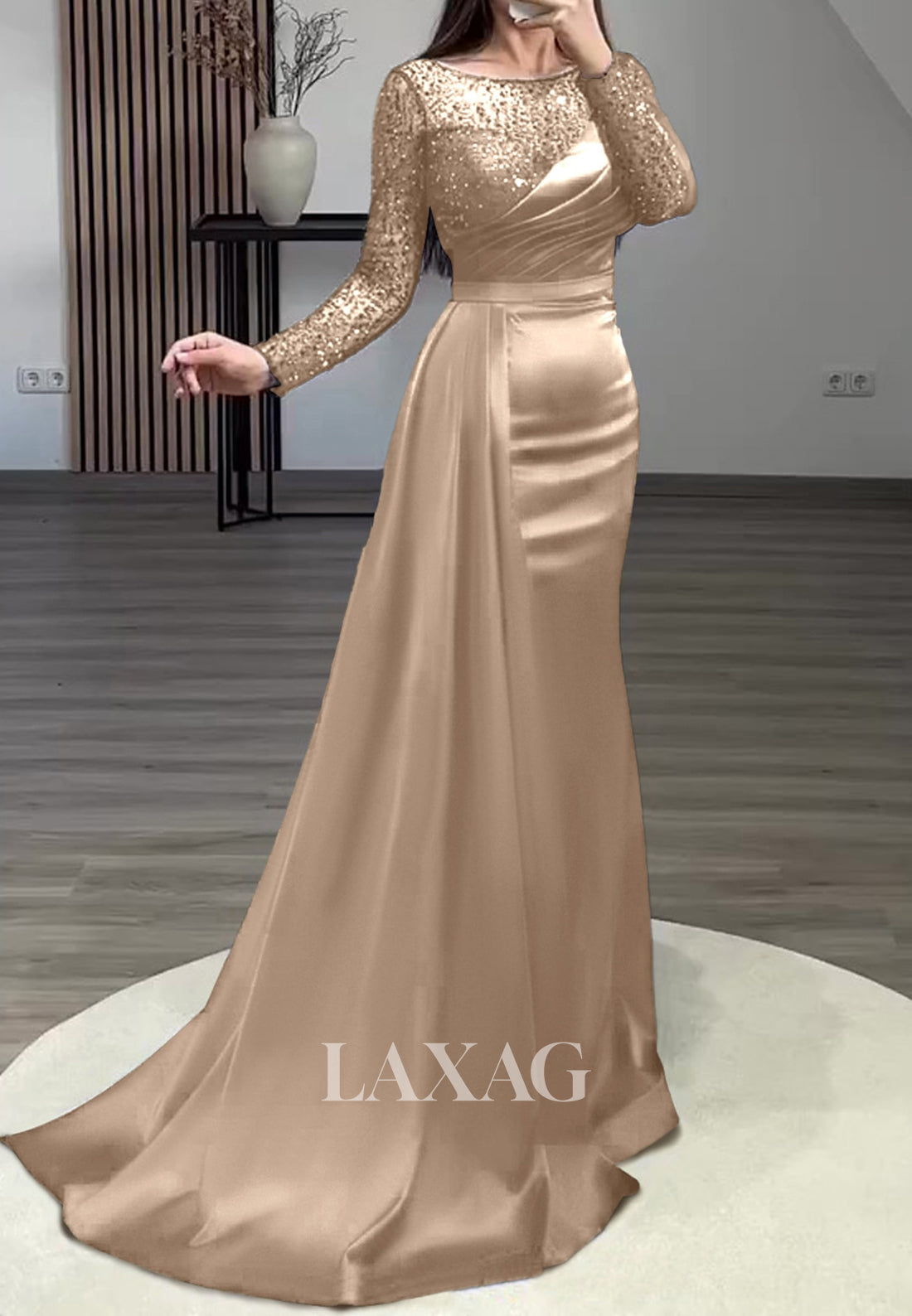 Beaded Sequined Pleated Mermaid Prom Dress Scoop-Neck Long Sleeves Sweep Train Formal Gowns