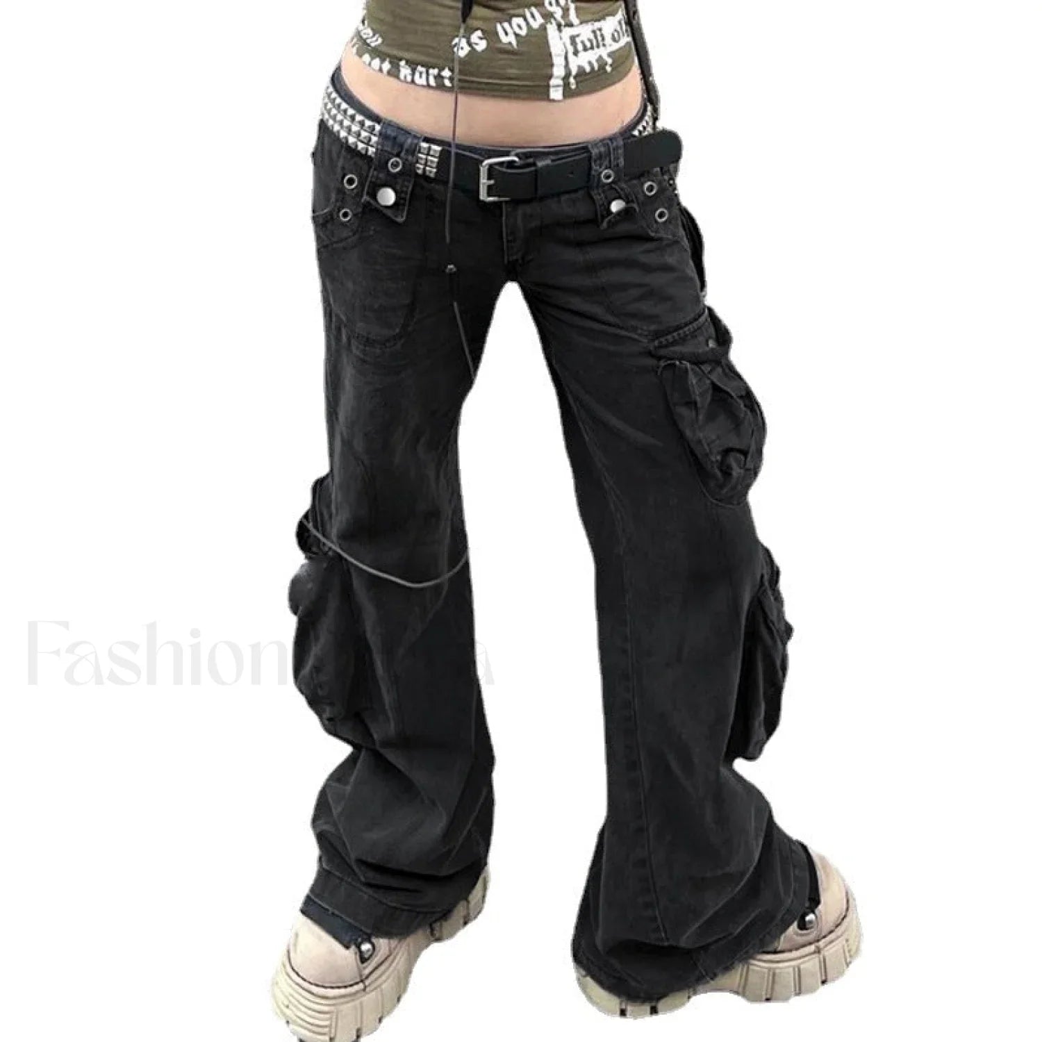 Pocket Design Y2K Trendy Black Cargo Jeans Black / L women clothing