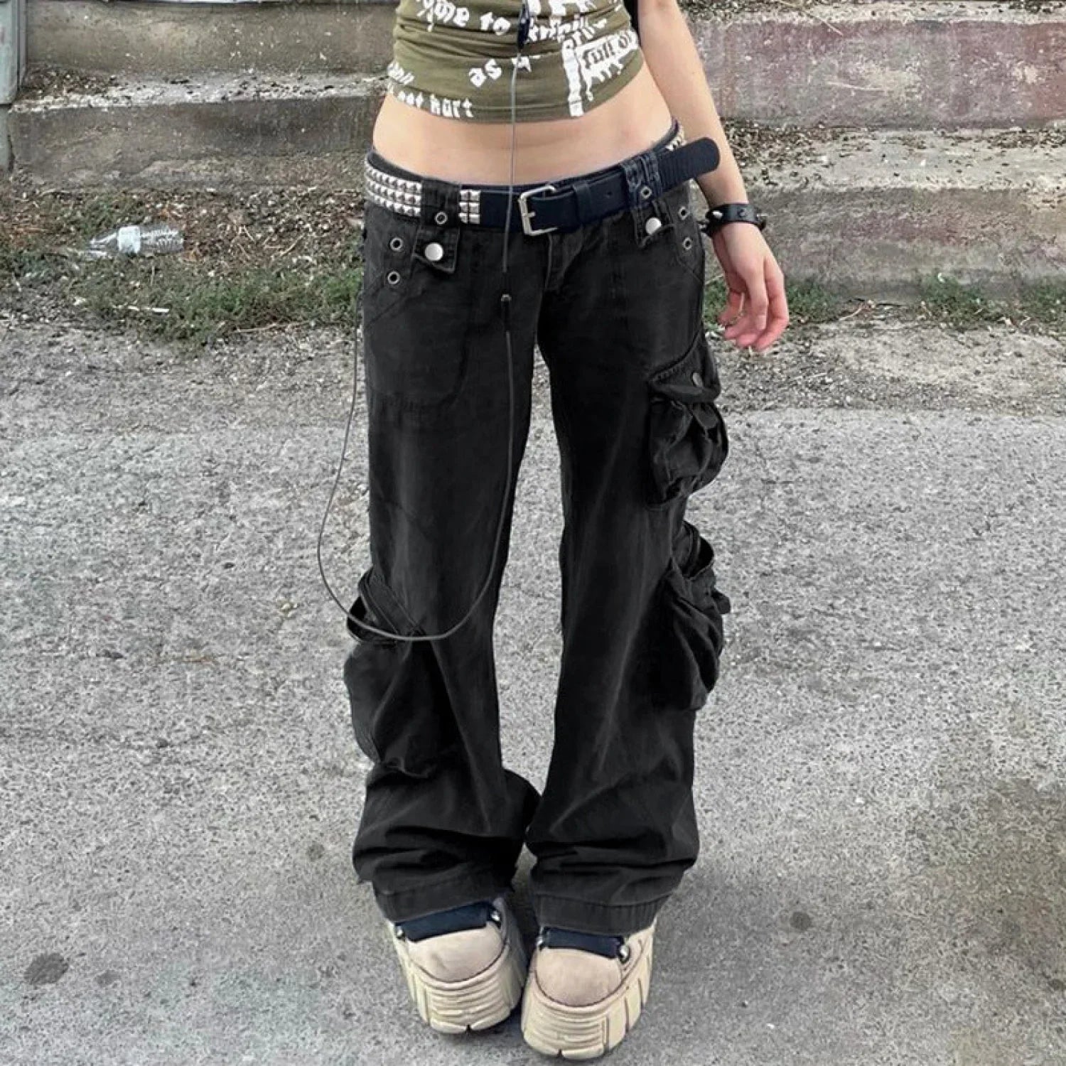 Pocket Design Y2K Trendy Black Cargo Jeans