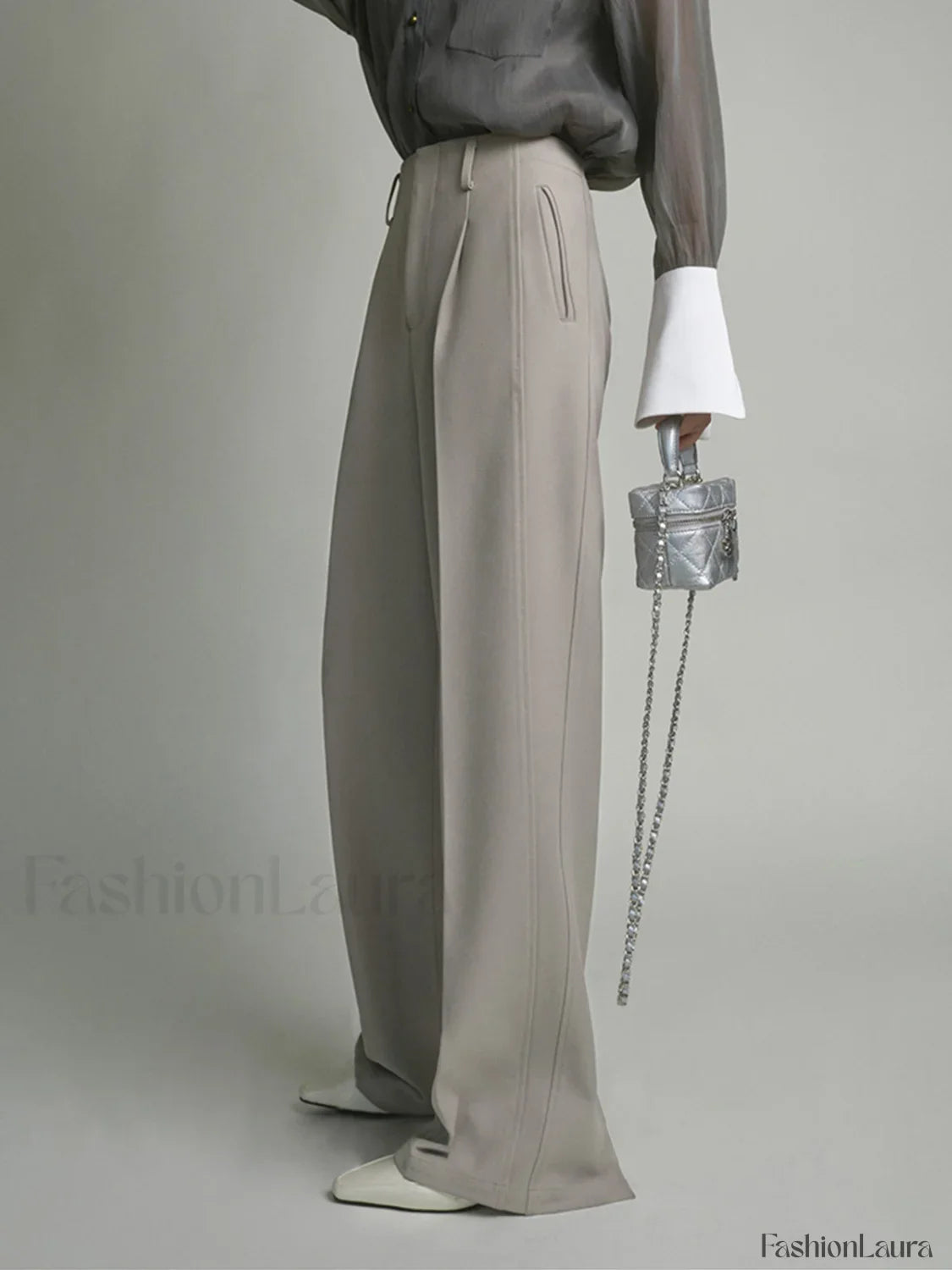 Pocket Straight Graceful Leg Split Pants Light Grey / XS Pants