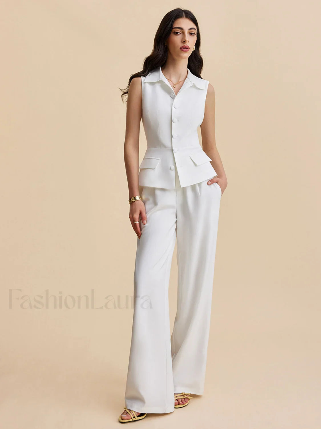 Pockets Buttoned Sleeveless Pants Set White / XS Pant Sets