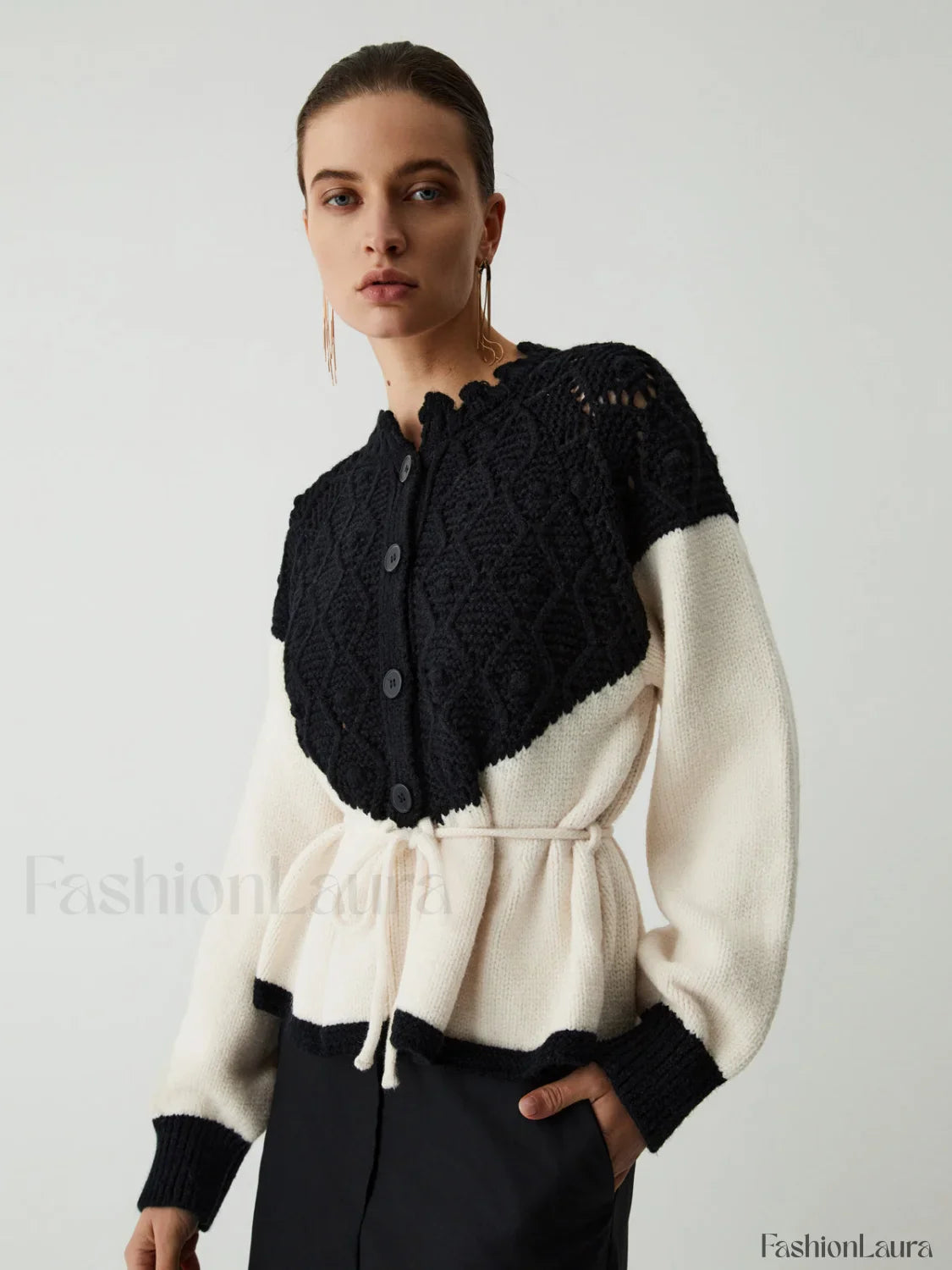Pointelle Knit Patchwork Trendy Tie Front Sweater