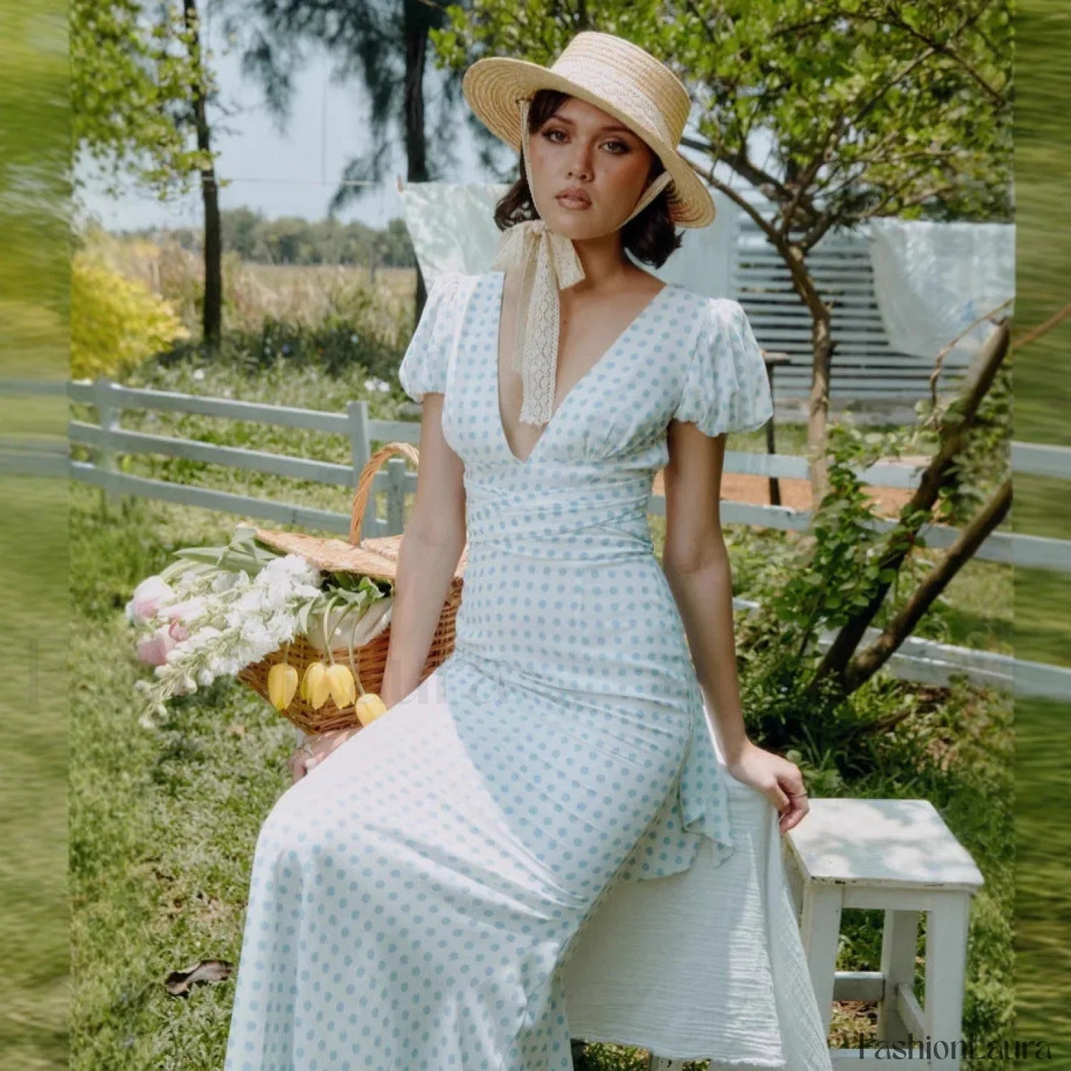 Polka Dot Lace-Up French Gentle Wind Maxi Dress