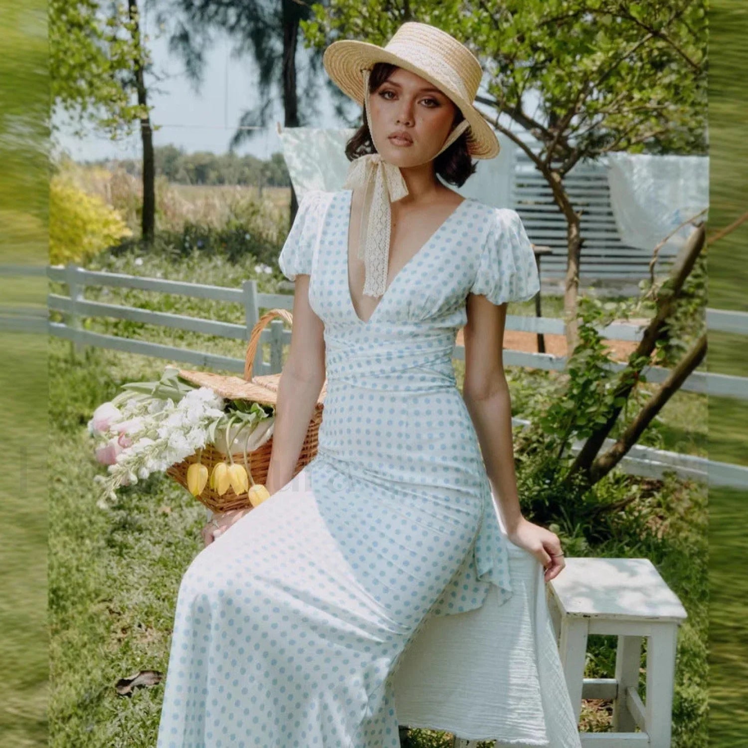 Polka Dot Lace-Up French Gentle Wind Maxi Dress