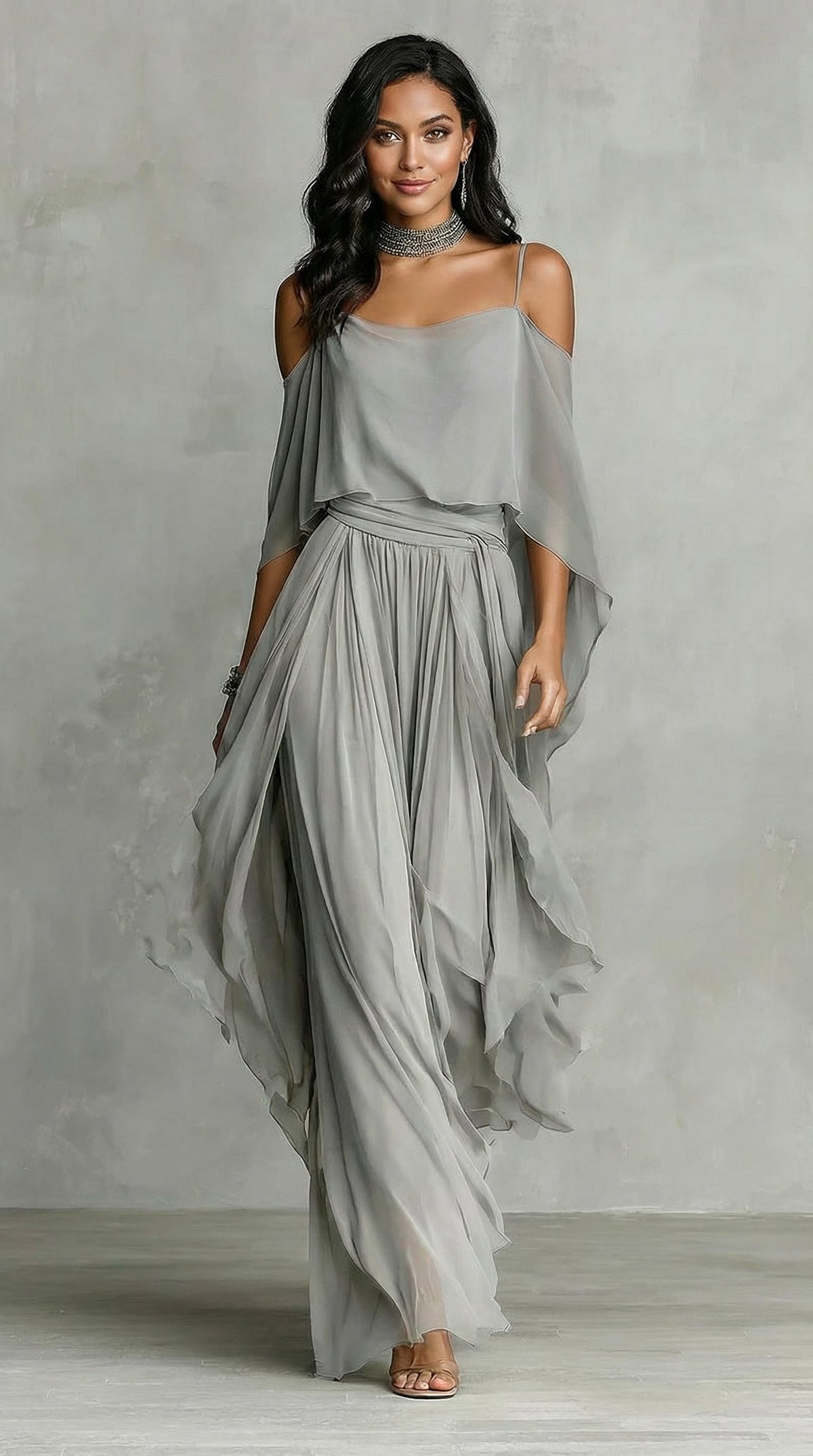 Cold Shoulder Ruffle Draped Chiffon Maxi Dress