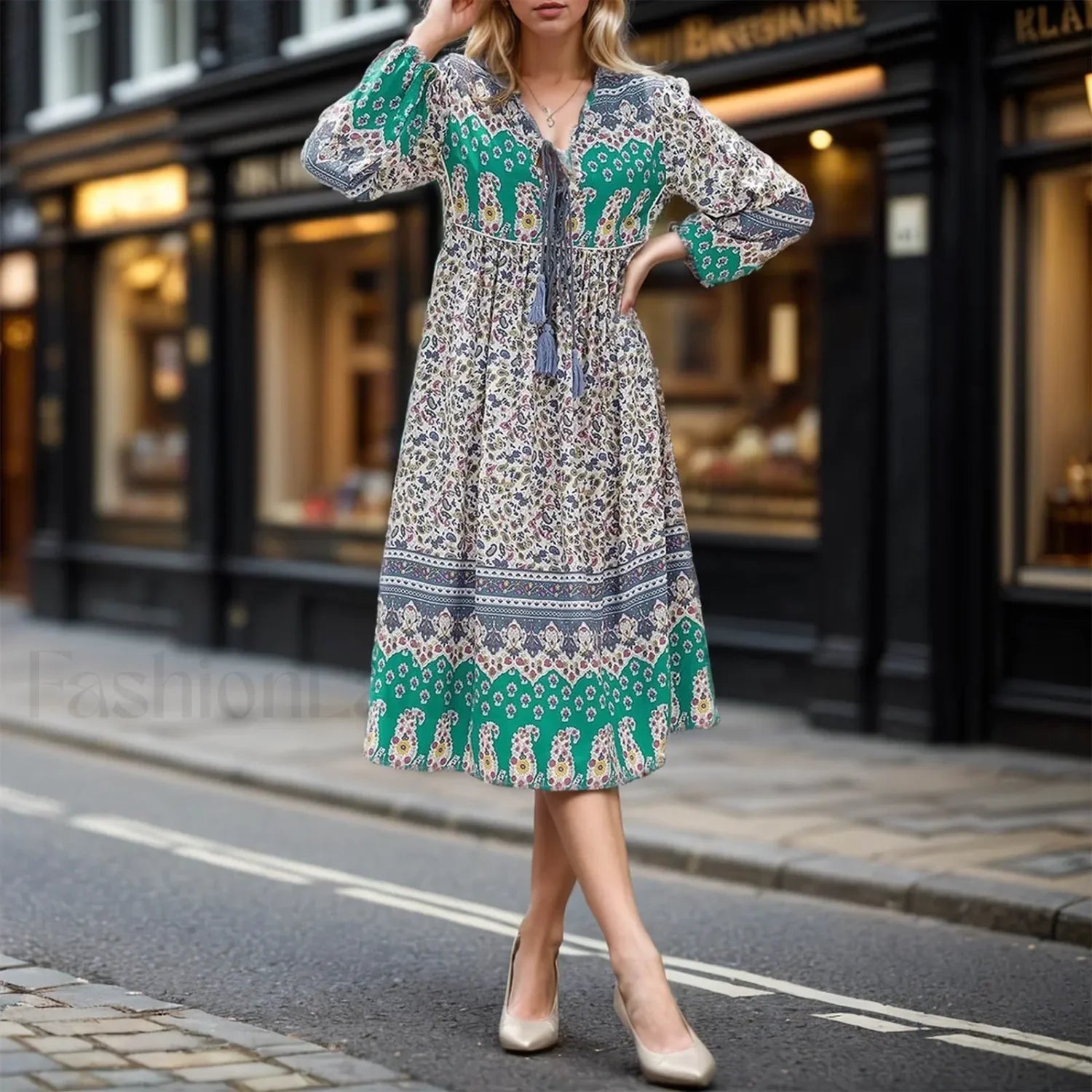 Porcelain Print Tie Neck Boho Dress Purple / S