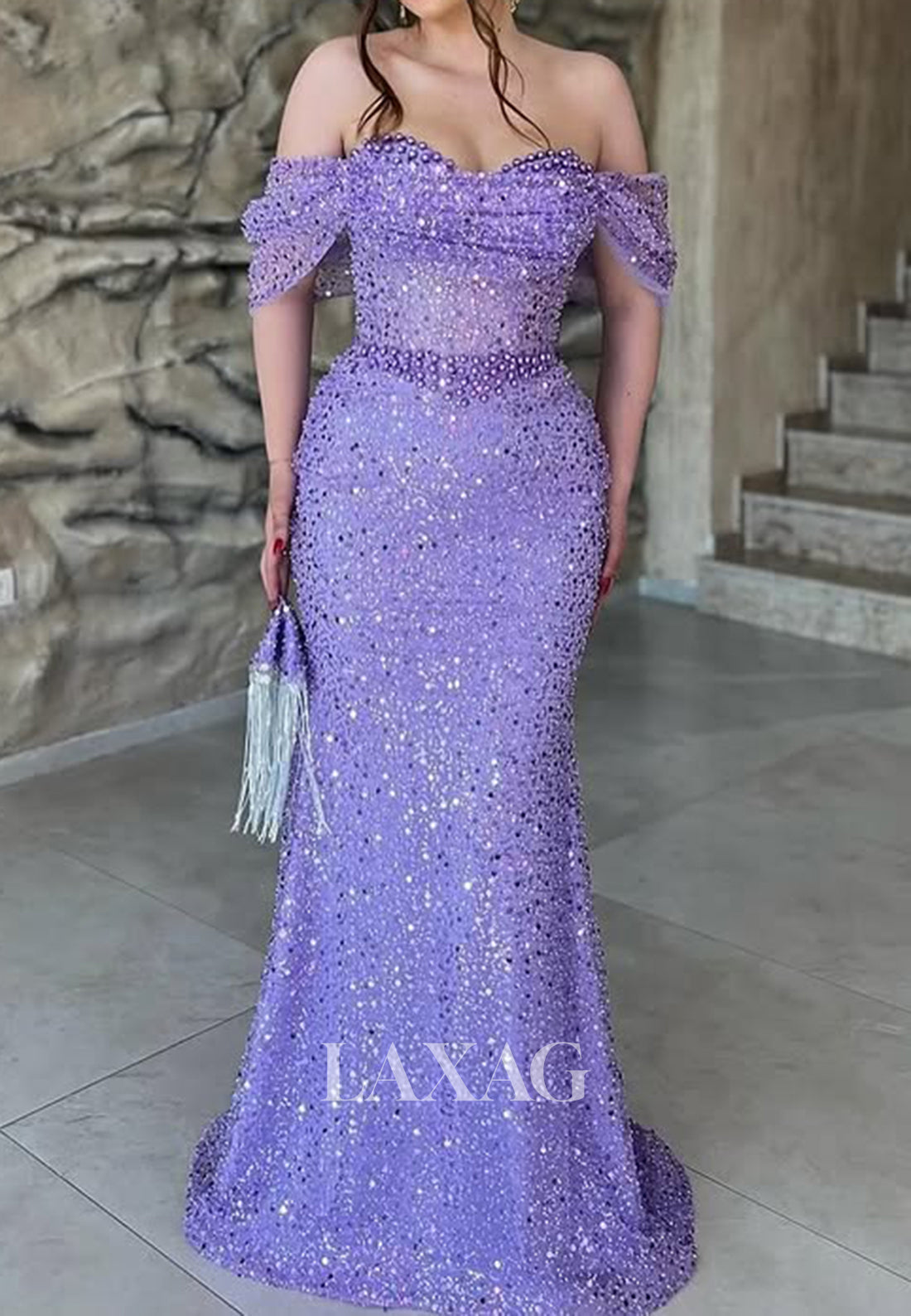 Sweetheart Off-Shoulder Sleeveless Mermaid Prom Dress Beaded Fully Sequined Pleated Formal Gowns