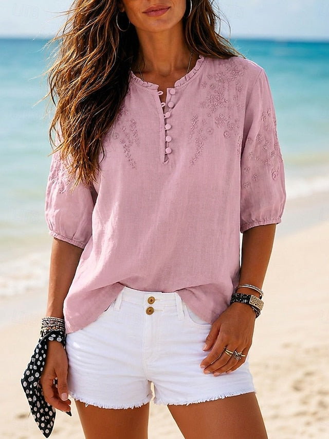 Notch V-Neck Embroidered Half Sleeve Blouse
