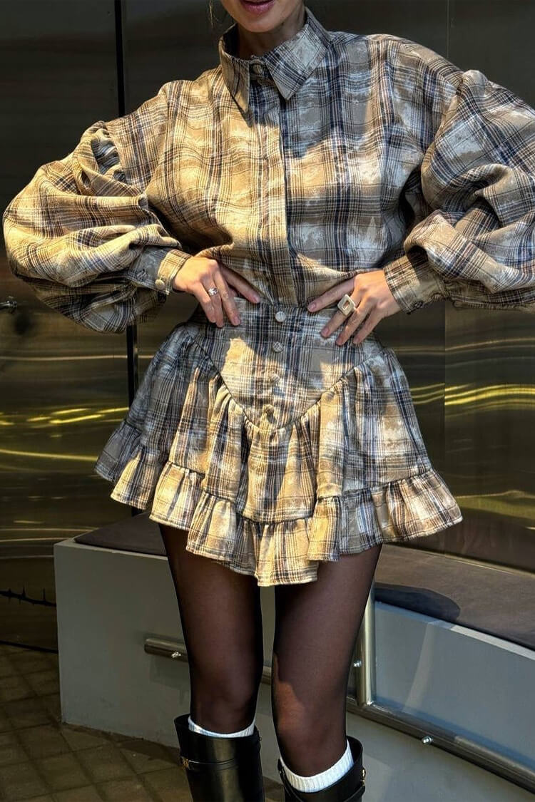 Preppy Balloon Sleeve Button Up Shirt Ruffle Mini Skirt Two Piece Dress