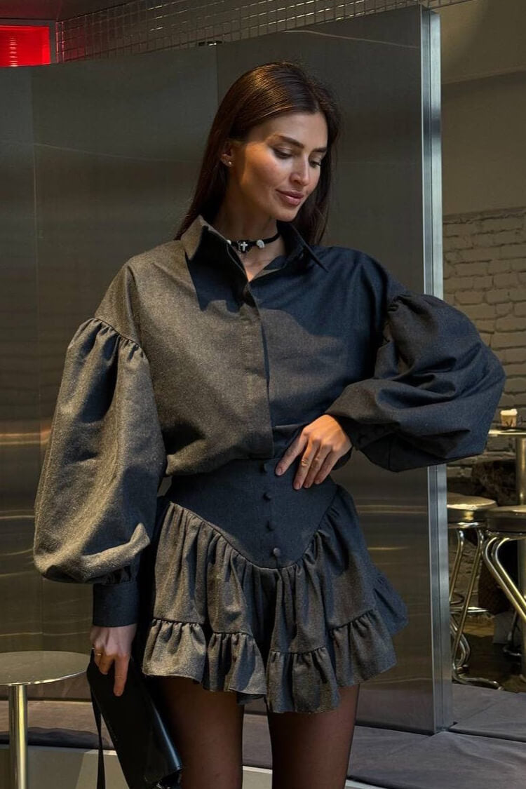Preppy Balloon Sleeve Button Up Shirt Ruffle Mini Skirt Two Piece Dress