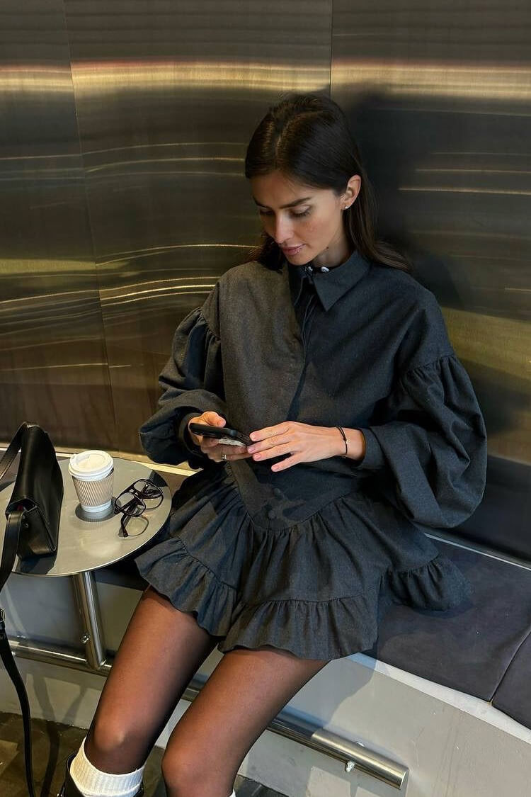 Preppy Balloon Sleeve Button Up Shirt Ruffle Mini Skirt Two Piece Dress