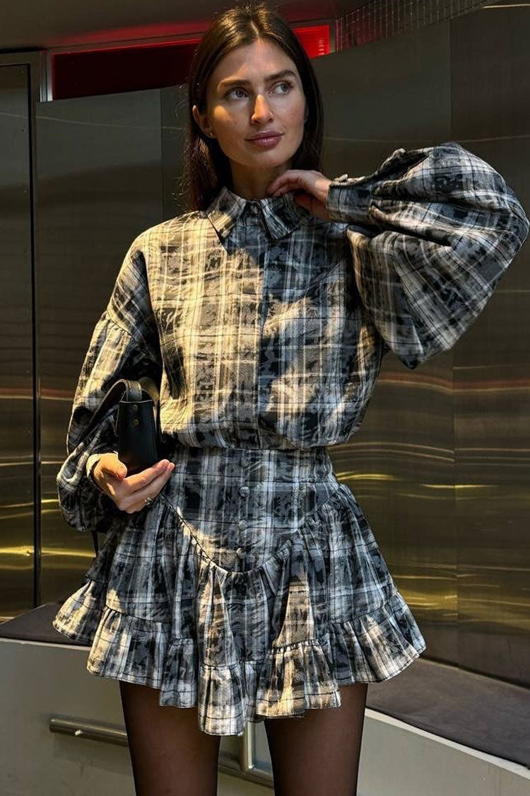 Preppy Balloon Sleeve Button Up Shirt Ruffle Mini Skirt Two Piece Dress