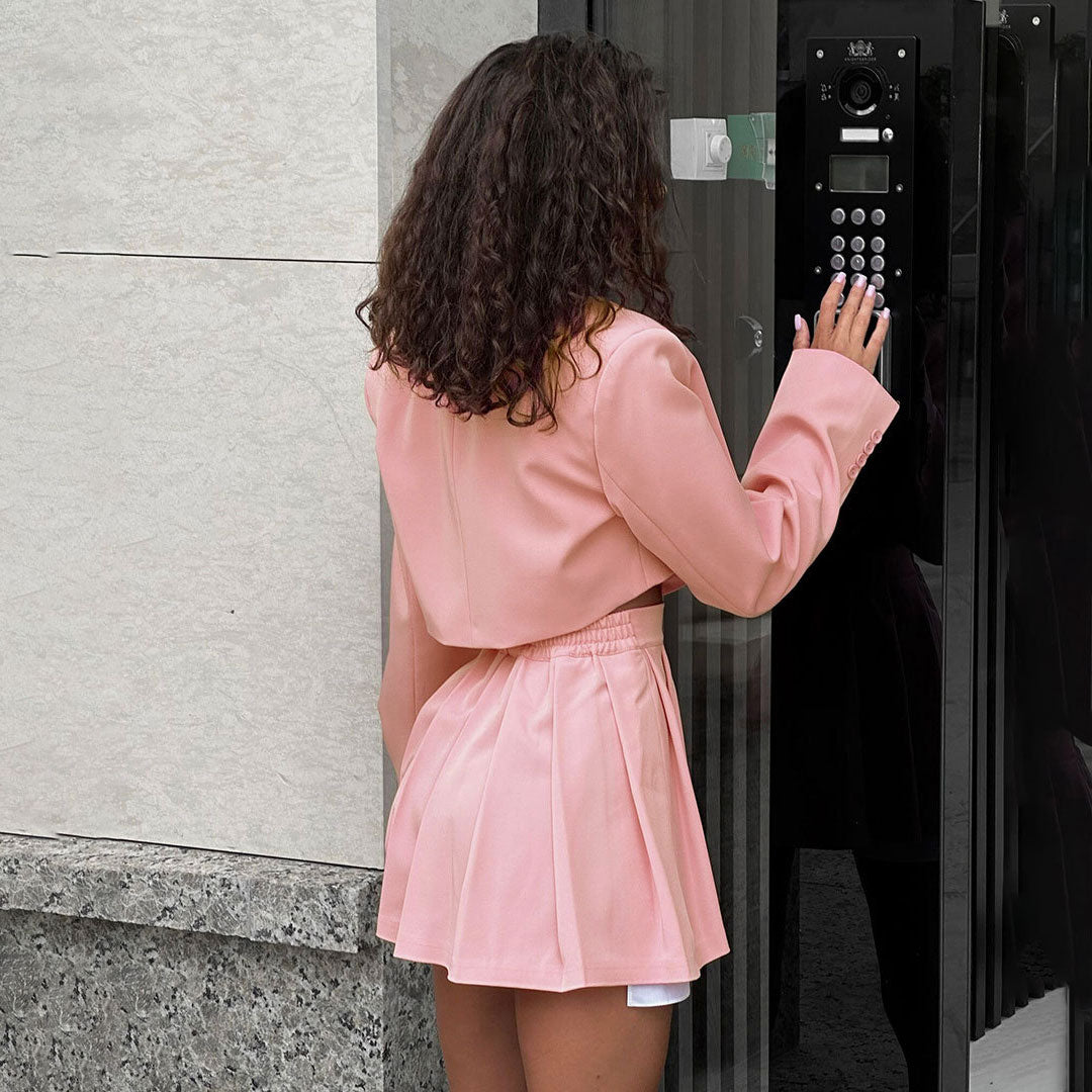 Preppy One Button Crop Blazer High Waist Pleated Mini Skirt Matching Set