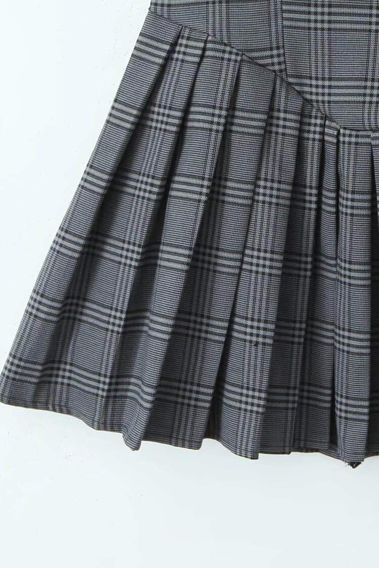 Preppy Plaid Print Crew Neck Sleeveless Drop Waist Pleated Mini Dress