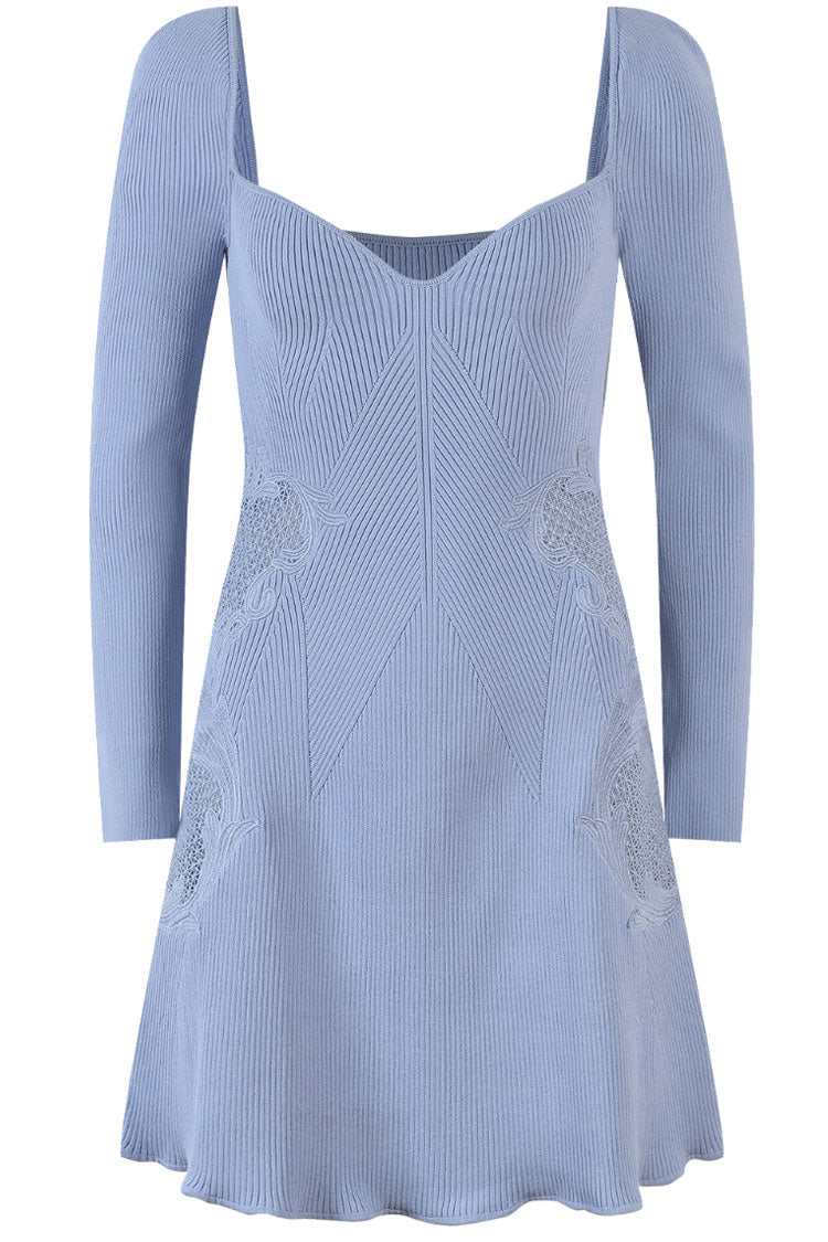 Pretty Sweetheart Long Sleeve Lace Trim Cashmere Sweater Mini Dress - Blue 3
