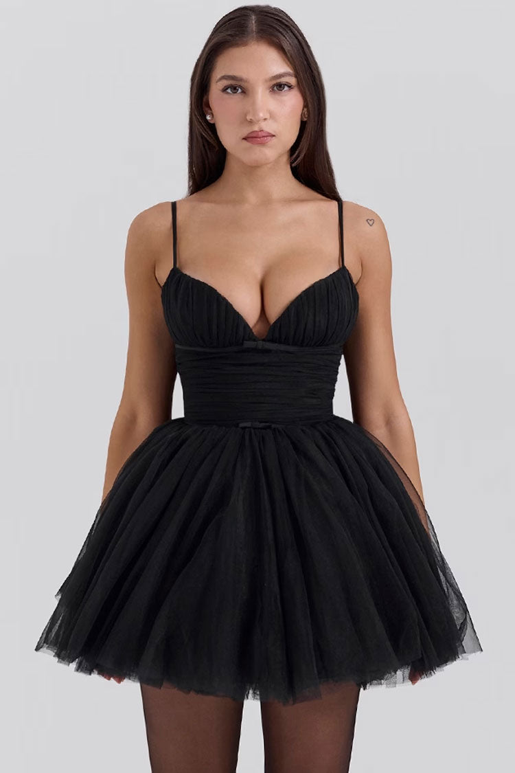 Pretty Sweetheart Neck Bow Ruched Tulle Fit & Flare Slip Party Mini Dress