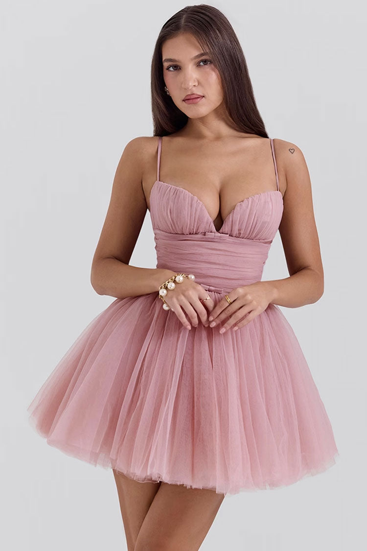 Pretty Sweetheart Neck Bow Ruched Tulle Fit & Flare Slip Party Mini Dress