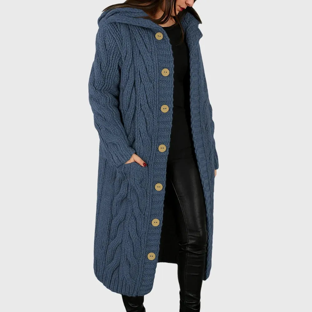 Cable Knit Hooded Button Front Longline Cardigan Coat