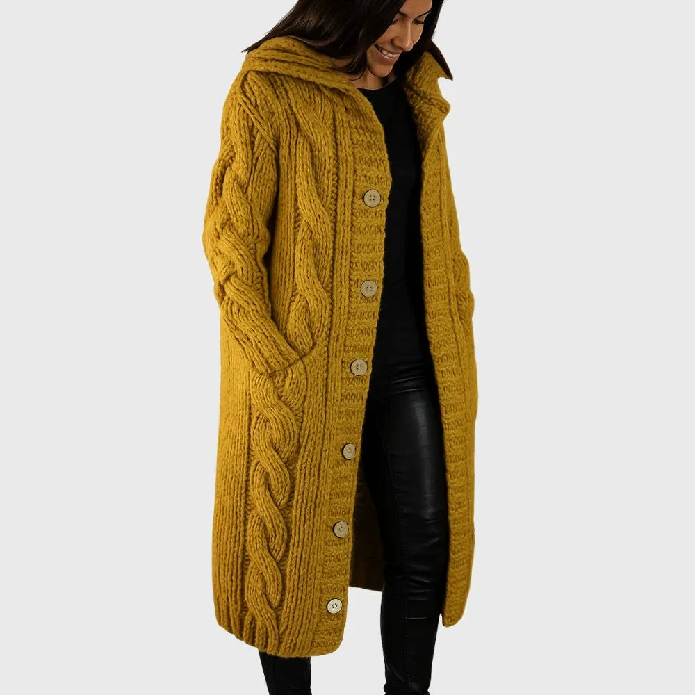 Cable Knit Hooded Button Front Longline Cardigan Coat
