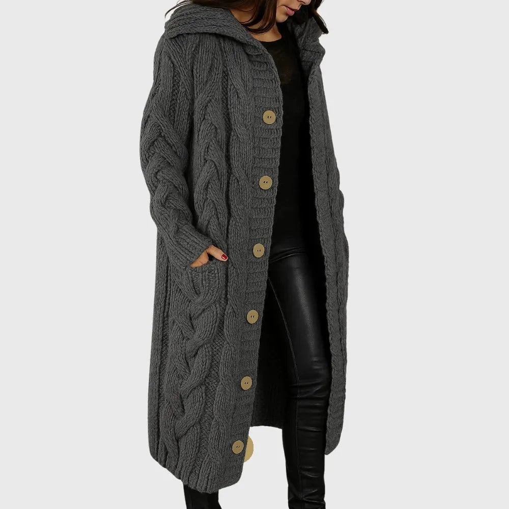 Cable Knit Hooded Button Front Longline Cardigan Coat