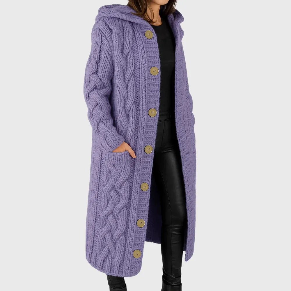 Cable Knit Hooded Button Front Longline Cardigan Coat