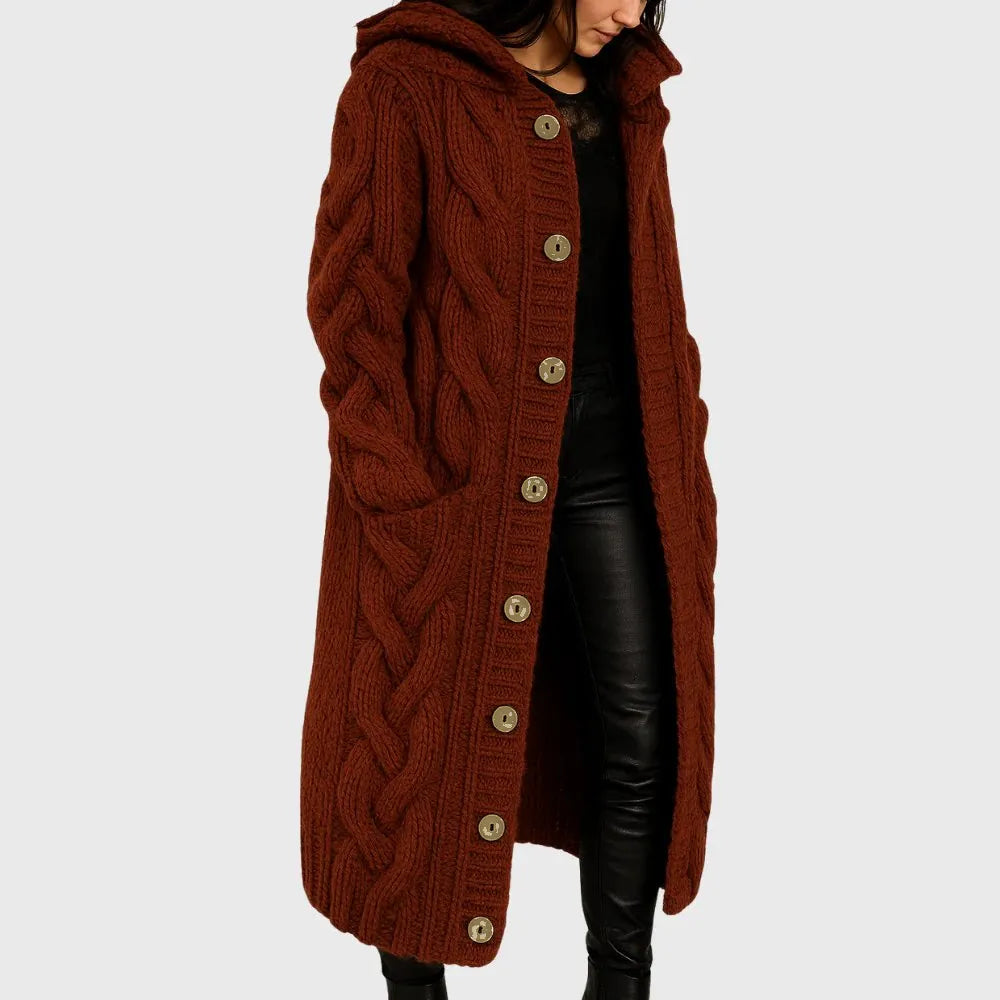 Cable Knit Hooded Button Front Longline Cardigan Coat