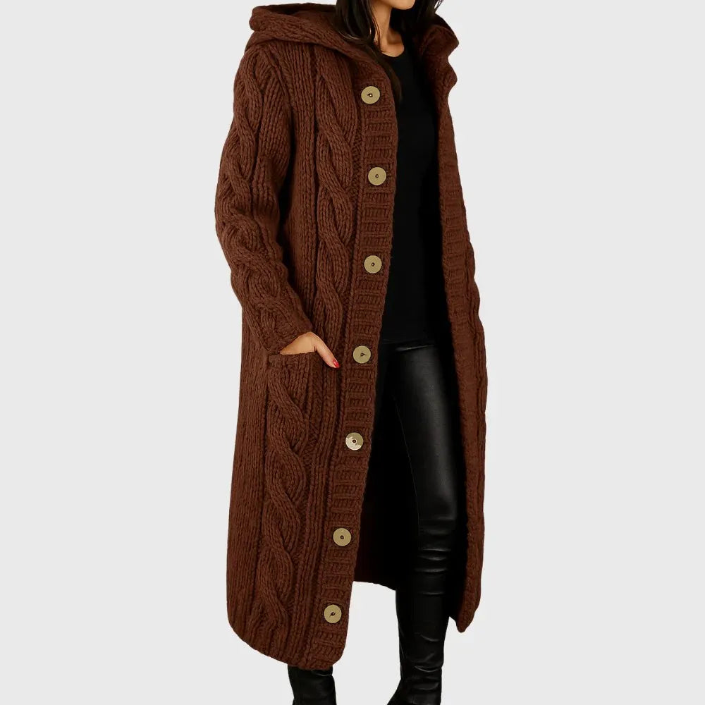 Cable Knit Hooded Button Front Longline Cardigan Coat