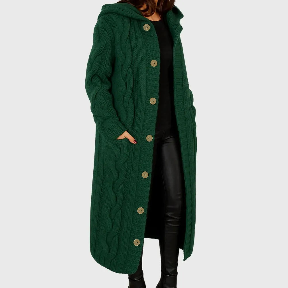 Cable Knit Hooded Button Front Longline Cardigan Coat
