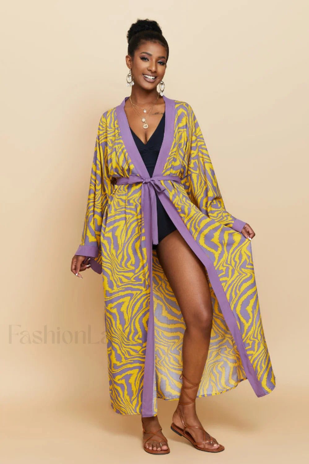 Print Belted Stylish Kimono Dress