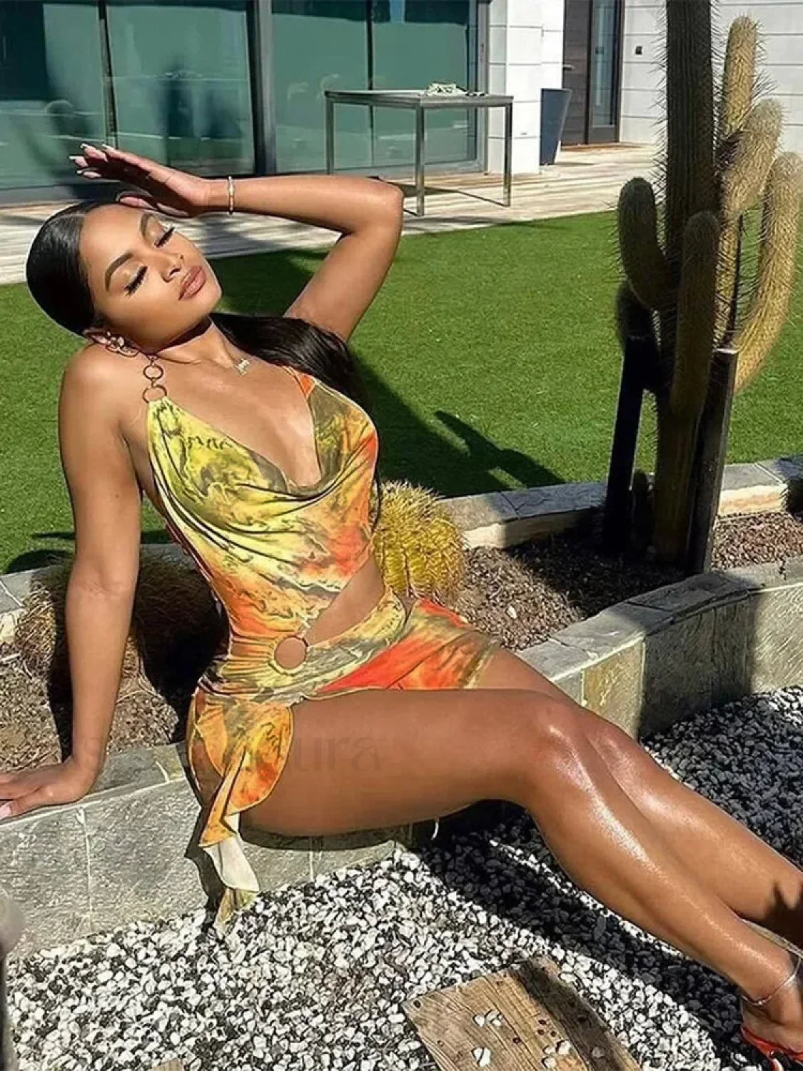 Print Fold High Waist Mini Dress