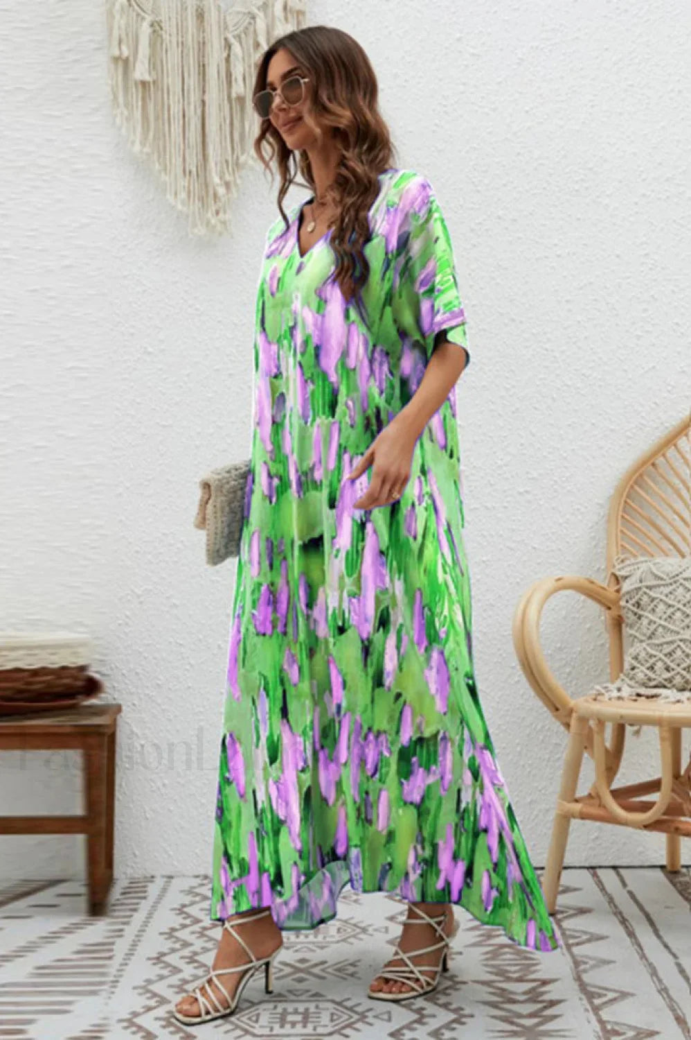 Print Short Sleeve Charming Wide Hem Maxi Dress