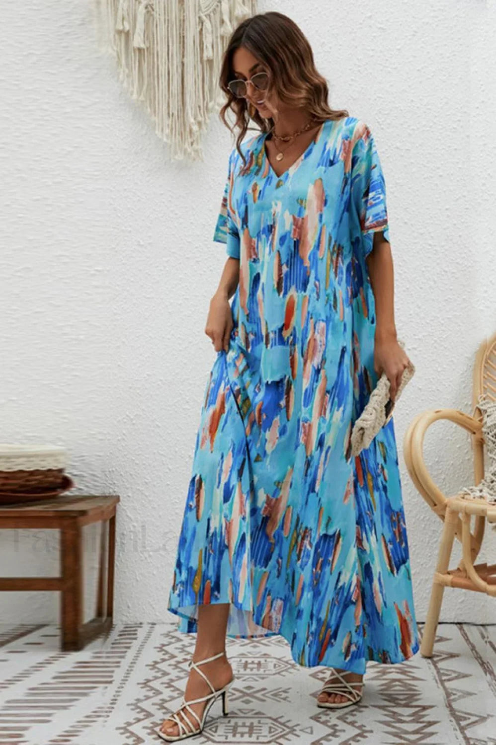 Print Short Sleeve Charming Wide Hem Maxi Dress