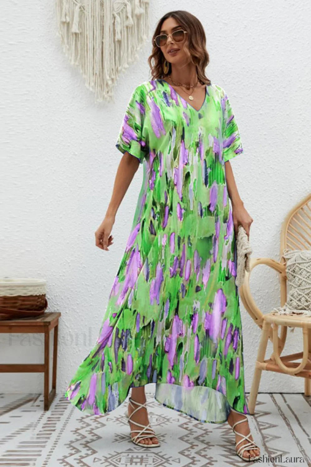 Print Short Sleeve Charming Wide Hem Maxi Dress