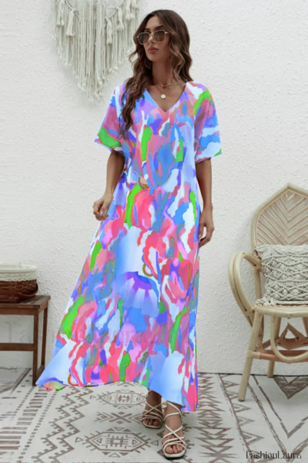 Print Short Sleeve Charming Wide Hem Maxi Dress