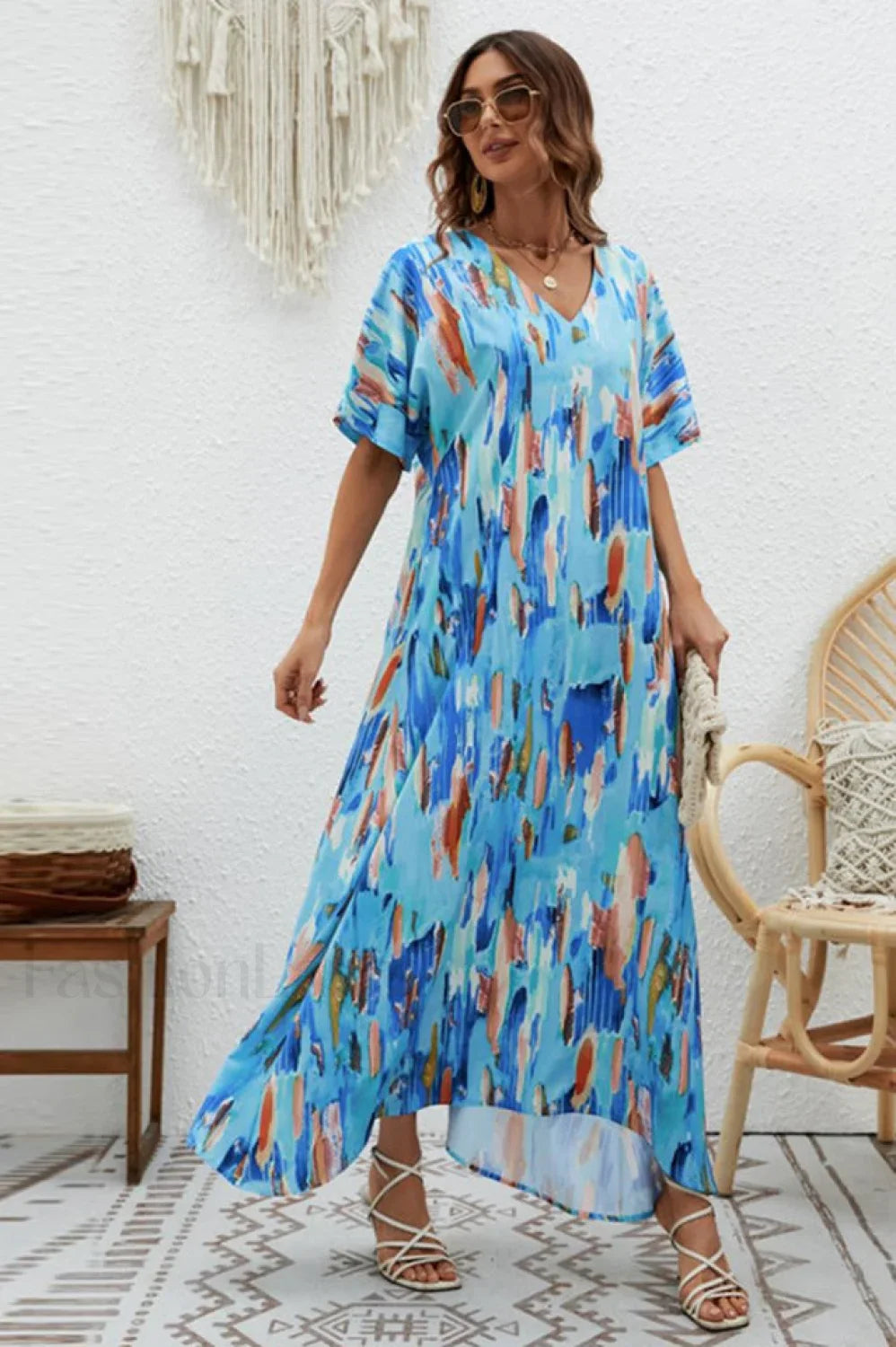 Print Short Sleeve Charming Wide Hem Maxi Dress