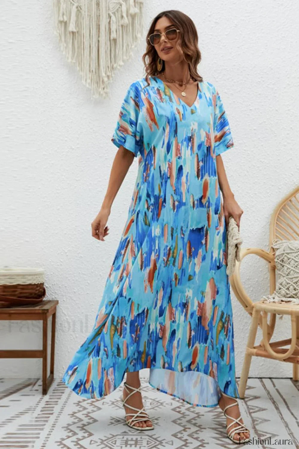 Print Short Sleeve Charming Wide Hem Maxi Dress