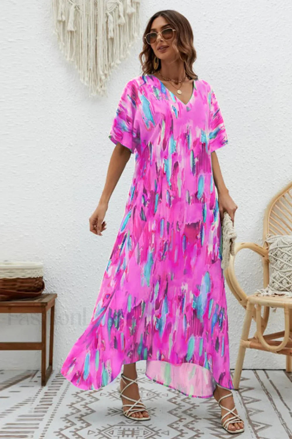 Print Short Sleeve Charming Wide Hem Maxi Dress S / 6#