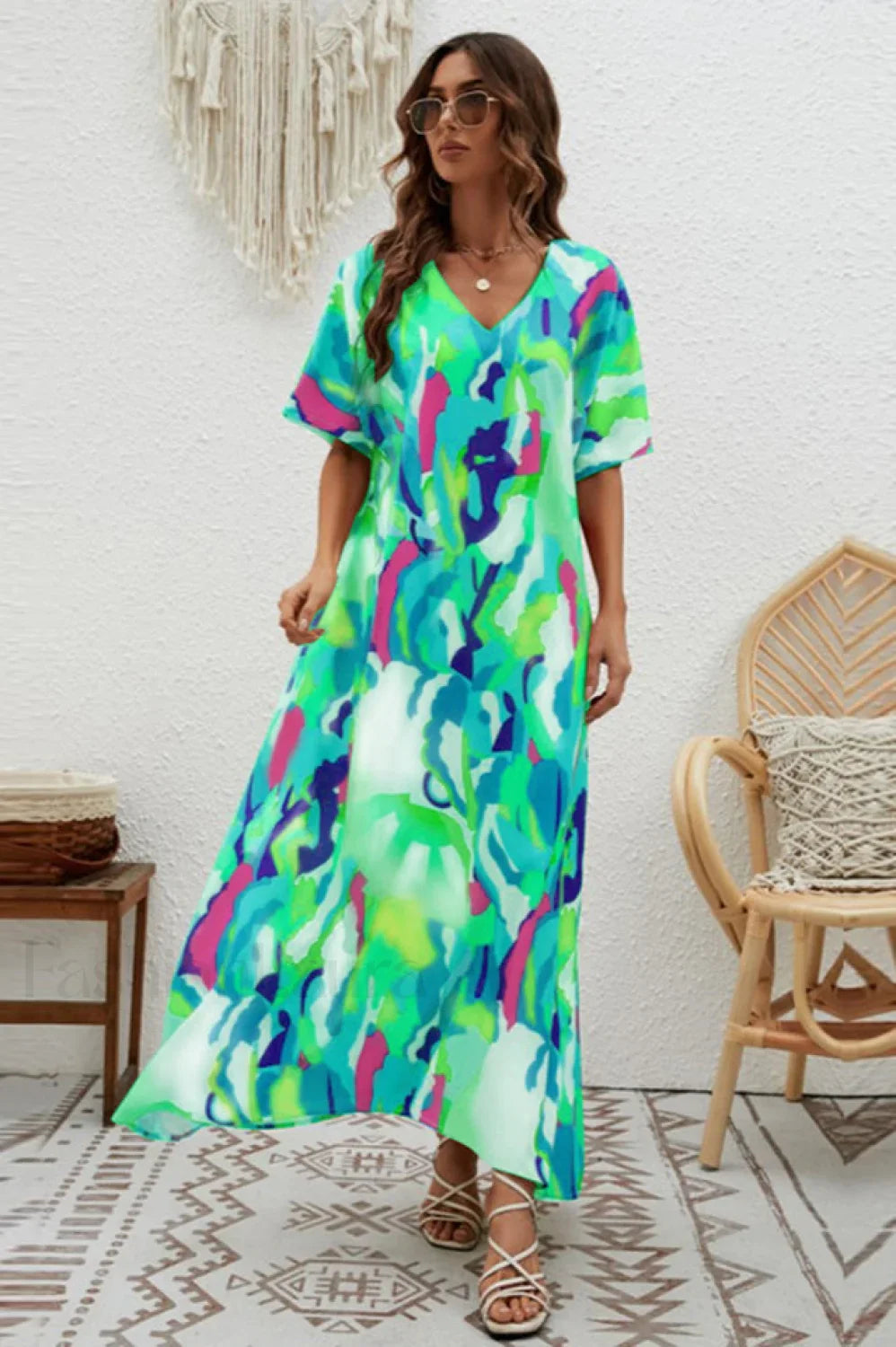 Print Short Sleeve Charming Wide Hem Maxi Dress S / 7#
