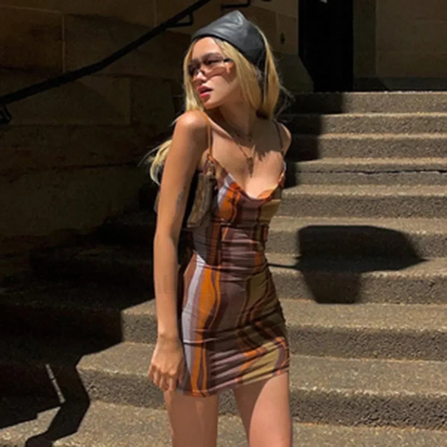 Print Strappy Bodycon Mini Dress Dark Brown / S