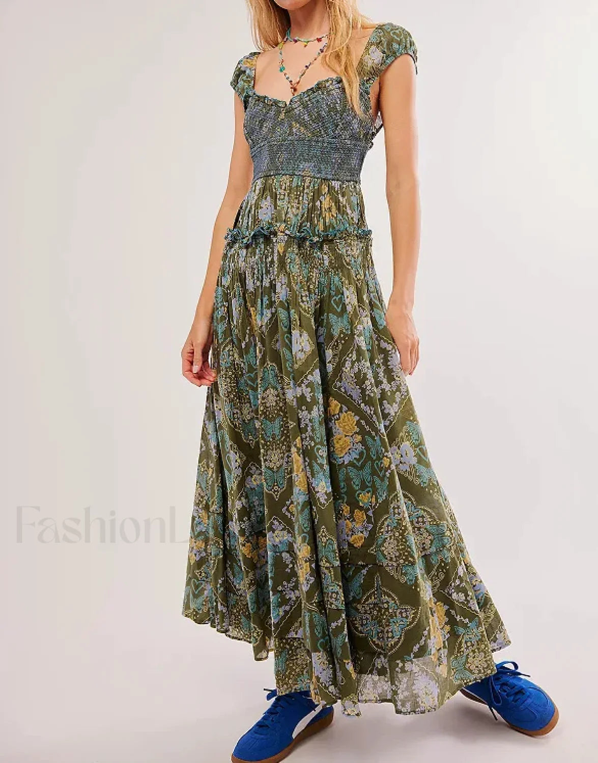 Printed Chiffon Short-Sleeve Boho Dress