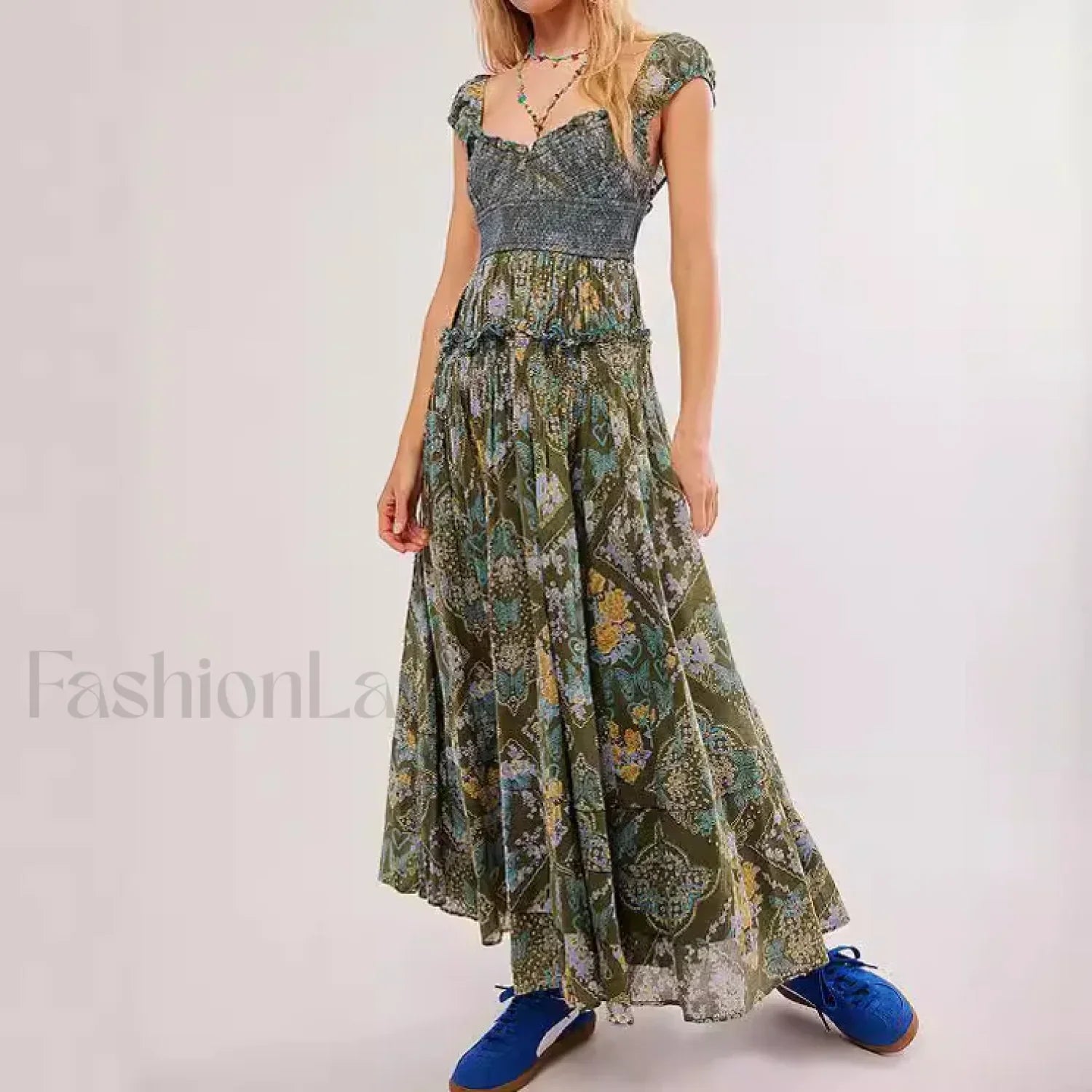 Printed Chiffon Short-Sleeve Boho Dress