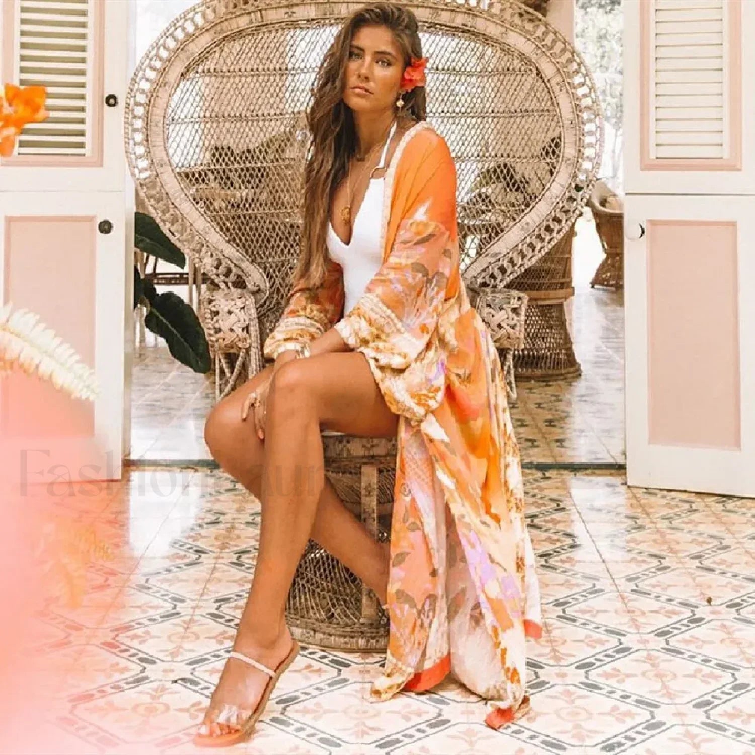 Printed Green Kimono Cover Up