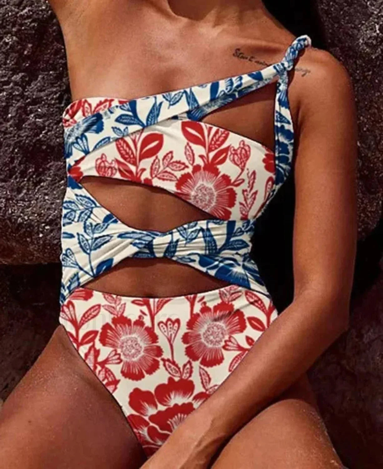 Printed Hollow Out One Shoulder One Piece