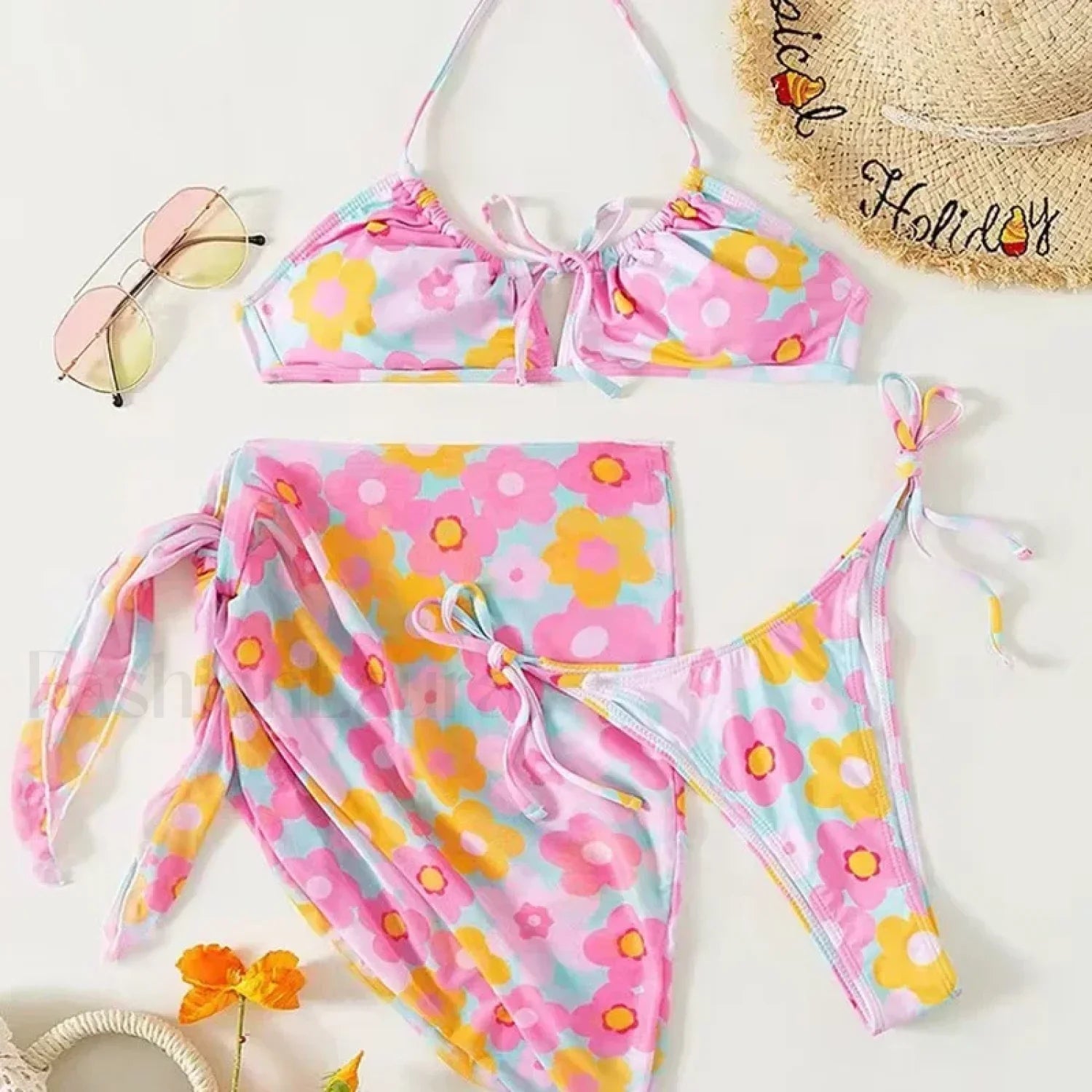 Printed Lace Up Halter Three Piece Set Pink / S