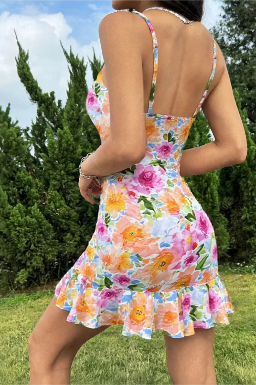 Printed Painted Backless A-Line Strappy Floral Dress