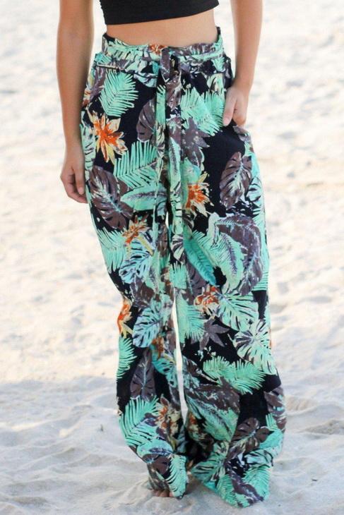 Printed Pocket Loose Pants With Belt