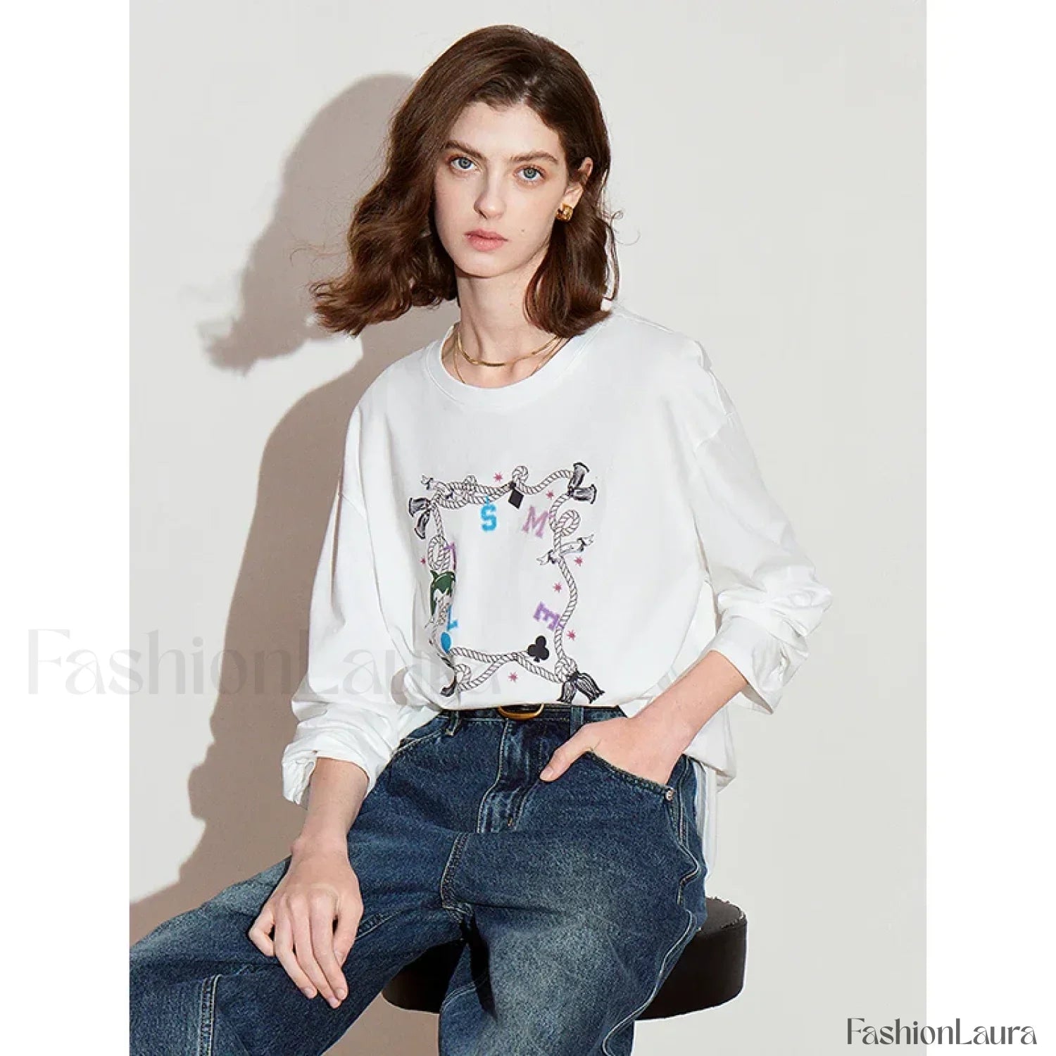 Printed Round Neck Cotton Long T-Shirt
