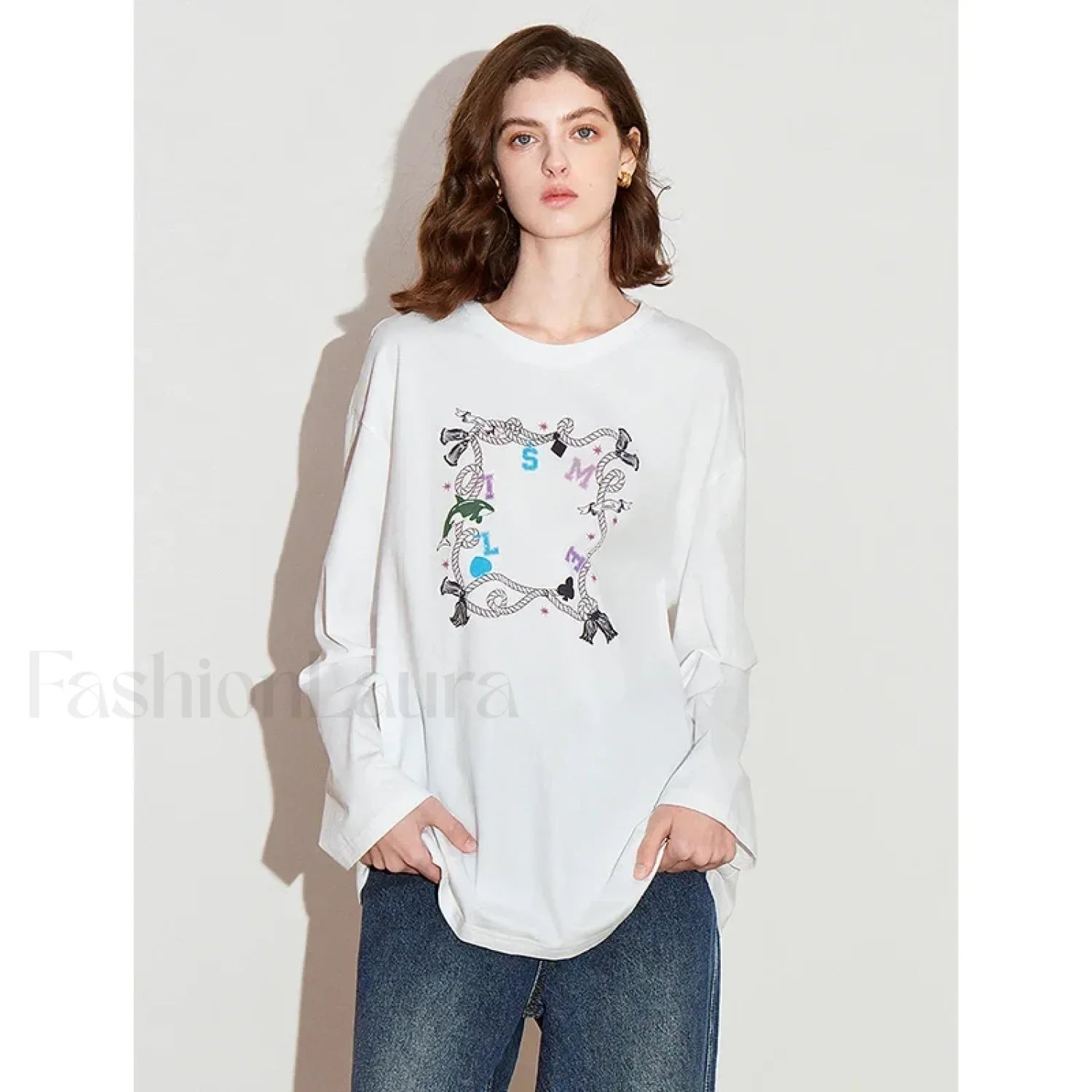Printed Round Neck Cotton Long T Shirt Beige / S